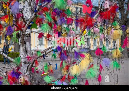 Easter decorations at the German square in front of Hedvig’s Church during early spring.  Norrkoping is a historic industrial town. Stock Photo