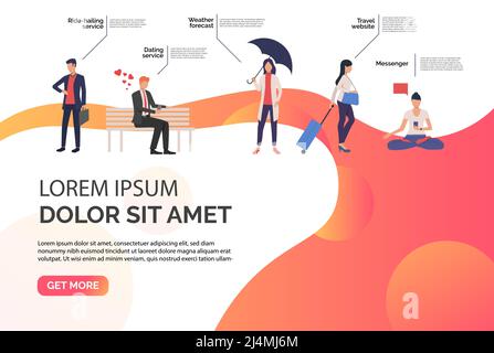 Dating, messenger and weather forecast online services website. Application concept, presentation slide template with sample text. Can be used for top Stock Vector