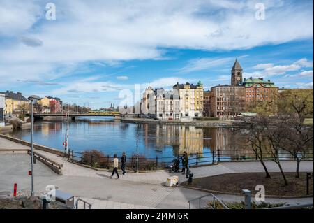 Norrkoping city and Motala river at Refvens grund on an early spring day. Norrkoping is a historic town in Sweden Stock Photo