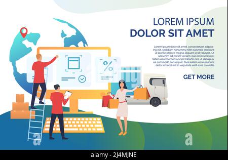 Internet store personnel working on customer order. Teamwork, woman with shopping bag, service. Online shop concept. Vector illustration can be used f Stock Vector