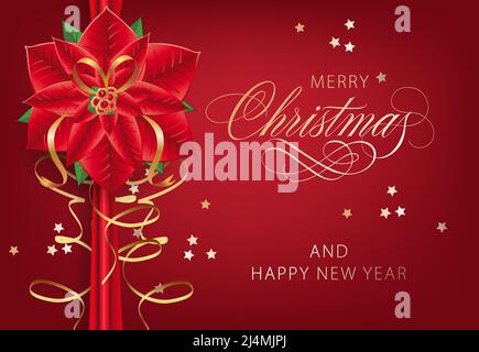 Merry Christmas with poinsettia flower postcard design. Inscription with poinsettia flower, golden and red bands on red background with confetti. Can Stock Vector