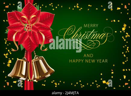 Merry Christmas with poinsettia and golden bells postcard design. Inscription with poinsettia flower, golden bells and confetti on green background. C Stock Vector