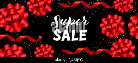 Super sale banner design. Inscription with red festive bands on black background. Can be used for banners, advertisements, sales, discounts Stock Vector