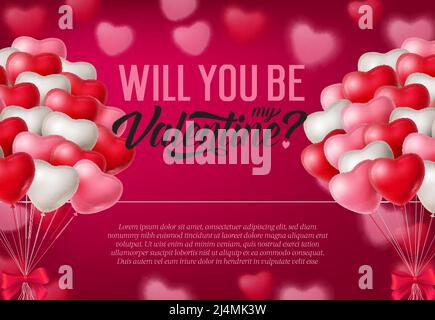 Will you be my Valentine inscription, bunches of balloons. Saint Valentines Day greeting card. Typed text, calligraphy. For leaflets, brochures, invit Stock Vector