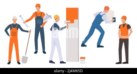 Set of builders, painter, handyman and architect working. Group of men wearing uniform and holding tools. Vector illustration for building work presen Stock Vector