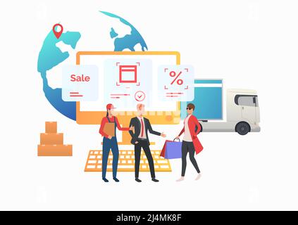 Courier and sales agent meeting consumer in internet store. Buying, purchasing, ordering, delivery. Online shop concept. Vector illustration can be us Stock Vector