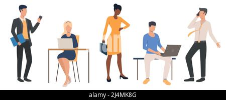Set of office managers. Group of business people working on laptops or smartphones. Vector illustration can be used for presentation, marketing projec Stock Vector