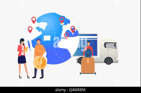 Earth globe with pointers, truck and person with big coin. Transportation, vehicle, freight concept. Vector illustration can be used for topics like b Stock Vector