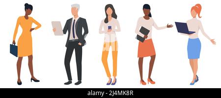 Set of multiethnic business people analyzing data. Group of men and women participating in conference. Vector illustration can be used for presentatio Stock Vector