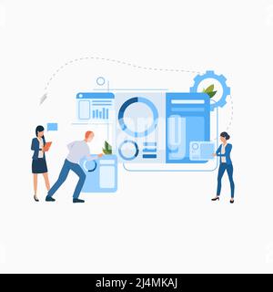 Business people working on project flat icon. Employee, team members, managers. Teamwork concept. Can be used for topics like cooperation, collaborati Stock Vector