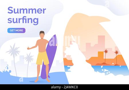 Guy in shorts holding surfboard and showing thumb up. Summer surfing get more button presentation slide template. Vector illustration can be used for Stock Vector