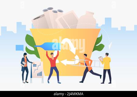 People putting rubbish into big recycling bin, statistics chart. Protection, solution, ecology concept. Vector illustration can be used for topics lik Stock Vector