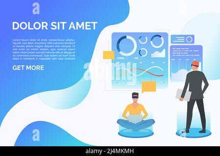 People wearing virtual reality glasses and working, sample text. Future, VR, cyberspace concept. Presentation slide template. Vector illustration for Stock Vector