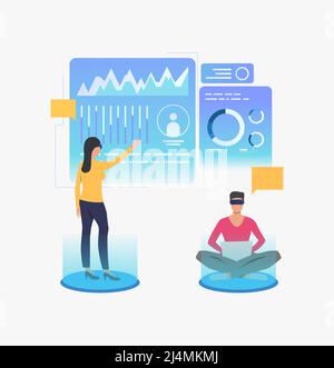 People wearing VR glasses and working in virtual interface. Future, VR, cyberspace concept. Vector illustration can be used for topics like business, Stock Vector