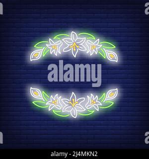 Beautiful floral frame neon sign. Summer, holiday, decor design. Night bright neon sign, colorful billboard, light banner. Vector illustration in neon Stock Vector