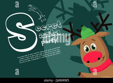 Secret Santa party banner design with friendly deer in hat and scarf waving hoof on green background. Lettering with realistic elements can be used fo Stock Vector