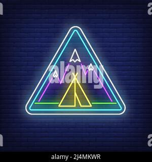 Camp in mountains neon sign. Triangle, tent, peaks, snowcap, wigwam. Vector illustration in neon style for light banners and billboards, trekking, adv Stock Vector