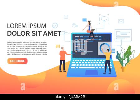 Slide page with people working on laptop vector illustration. Applications, local networking, IT engineering. Computer concept. Design for website tem Stock Vector