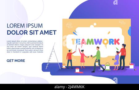 People writing word teamwork on wall and sample text. Collaboration, management, teamwork concept, presentation slide template. Can be used for topics Stock Vector