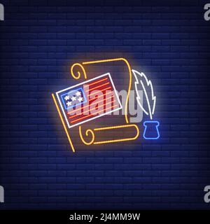 Declaration of Independence neon sign. American flag, paper, feather, pen. Vector illustration in neon style for festive banners, light billboards, US Stock Vector