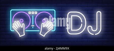 DJ neon text with turntable. Music, party and disco design. Night bright neon sign, colorful billboard, light banner. Vector illustration in neon styl Stock Vector