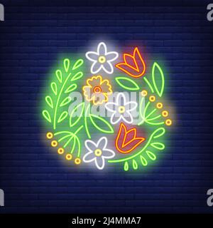 Flower pattern emblem neon sign. Flower logo design. Night bright neon sign, colorful billboard, light banner. Vector illustration in neon style. Stock Vector