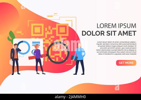 Business people working, big QR code and sample text. Identification, workflow, analytics concept. Presentation slide template. Vector illustration fo Stock Vector