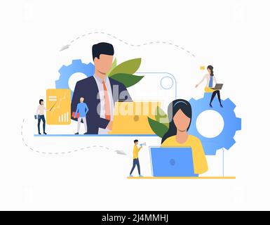 Communication flat icon. Department leaders, laptop, presentation, gear. Teamwork concept. Can be used for topics like leadership, unit, business, ana Stock Vector