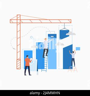 Real estate development flat icon. Crane, graph, growth, bar chart. Business concept. Can be used for topics like startup, construction, finance Stock Vector