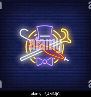 Hat, cane, umbrella and bow tie neon sign. Gentleman concept design. Night bright neon sign, colorful billboard, light banner. Vector illustration in Stock Vector