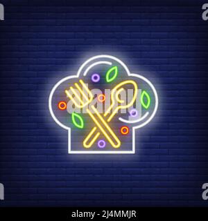 Fork, spoon and ingredients on chef hat neon sign. Cooking, kitchen and restaurant advertisement design. Night bright neon sign, colorful billboard, l Stock Vector