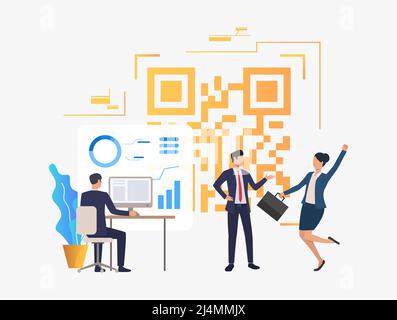 Cheerful business people in office, financial data and QR code. Identification, workflow, analytics concept. Vector illustration can be used for topic Stock Vector