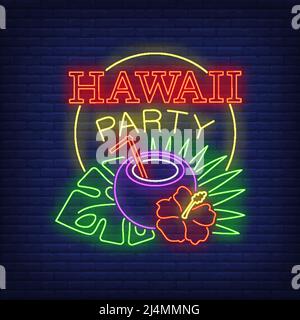 Hawaii Party neon text with coconut cocktail and tropical plants. Resort, tourism, vacation design. Night bright neon sign, colorful billboard, light Stock Vector