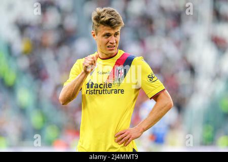 TURIN, ITALIY, 13 APRIL 2022. Mattias Svanberg of Bologna FC during the match between Juventus FC and Bologna FC on April 16, 2022 at Allianz Stadium in Turin, Italy. Final result 1-1. Juventus took to the field with the fourth shirt created in collaboration with the famous Brazilian street artist Eduardo Kobra. Credit: Massimiliano Ferraro/Medialys Images/Alamy Live News Stock Photo