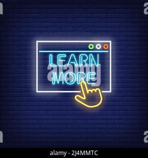 Learn more neon sign. Active link on brick wall background. Vector illustration in neon style for banners, posters, web design Stock Vector
