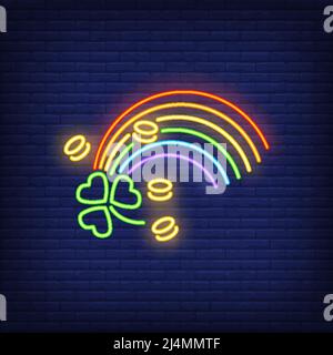 Rainbow, coins and clover neon sign. Saint Patricks Day design. Night bright neon sign, colorful billboard, light banner. Vector illustration in neon Stock Vector
