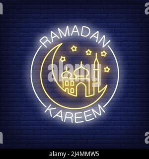 Ramadan Kareem neon text with crescent moon and mosque. Ramadan Kareem design. Night bright neon sign, colorful billboard, light banner. Vector illust Stock Vector