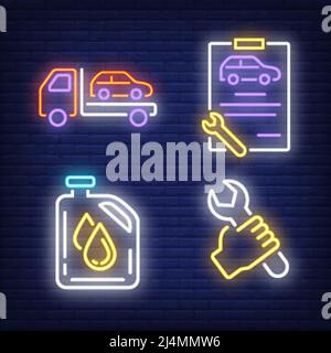 Evacuating car, wrench, clipboard and oil canister neon signs set. Car service, equipment and repair design. Night bright neon sign, colorful billboar Stock Vector
