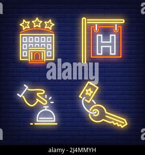 Hotel neon sign set. Signboard, bell, key, hotel building with three stars. Colorful billboard, bright banner. Vector illustration in neon style for v Stock Vector