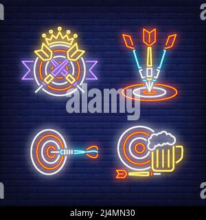 Darts hitting targets, crown and beer mug neon signs set. Game, entertainment, goal design. Night bright neon sign, colorful billboard, light banner. Stock Vector