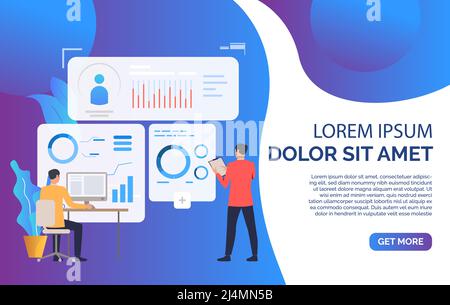 Business people working with financial charts and sample text. Analysis, management, technology concept. Presentation slide template. Vector illustrat Stock Vector