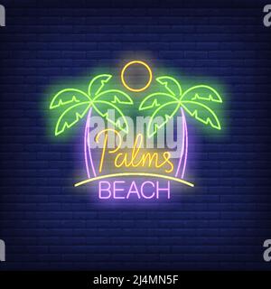 Palms, beach neon text with sun. Summer, tourism and vacation design. Night bright neon sign, colorful billboard, light banner. Vector illustration in Stock Vector