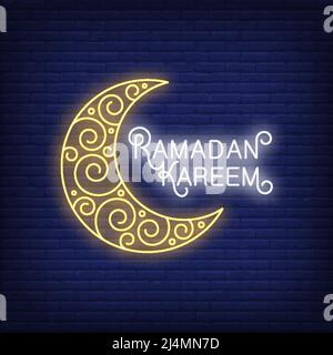 Ramadan Kareem neon text with crescent moon. Ramadan Kareem design. Night bright neon sign, colorful billboard, light banner. Vector illustration in n Stock Vector