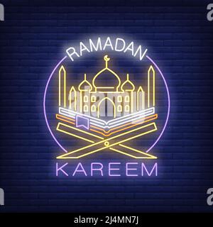 Ramadan Kareem neon text with mosque and Koran in circle. Ramadan Kareem design. Night bright neon sign, colorful billboard, light banner. Vector illu Stock Vector