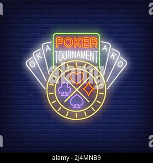 Poker tournament neon text with playing cards and chip. Poker club and gambling design. Night bright neon sign, colorful billboard, light banner. Vect Stock Vector