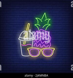 Sunglasses, pineapple and cocktail neon sign. Tourism, vacation, travel, summer design. Night bright neon sign, colorful billboard, light banner. Vect Stock Vector