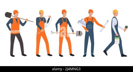 Set of builders, architect, electrician, painter and handymen working. Group of men wearing uniform and holding tools. Vector illustration for buildin Stock Vector
