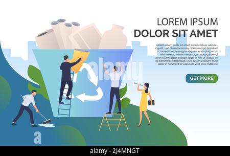 People putting rubbish into big recycling bin and sample text. Protection, solution, ecology concept. Presentation slide template. Vector illustration Stock Vector