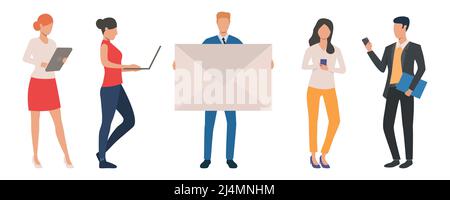 Set of business people using various gadgets for communications. Entrepreneurs communicating via smartphone, tablet computer or laptop. Vector illustr Stock Vector