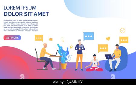 People working on computers in modern office, sample text. Workplace, worker concept. Presentation slide template. Vector illustration for topics like Stock Vector